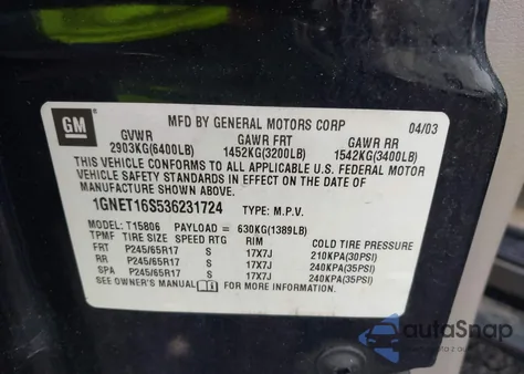 2003 Chevrolet Trailblazer Ext из США, поврежденный, VIN 1GNET16S536231724